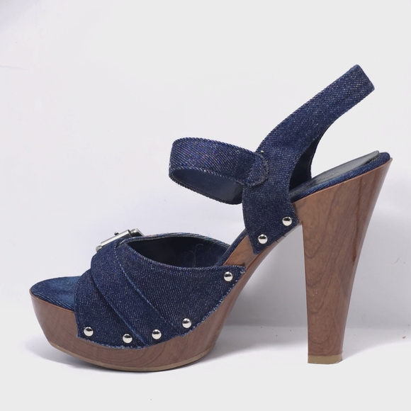 Qupid Women's Denim Heels Size 7.5 Silver Buckle Wood Heel - Picture 10 of 13